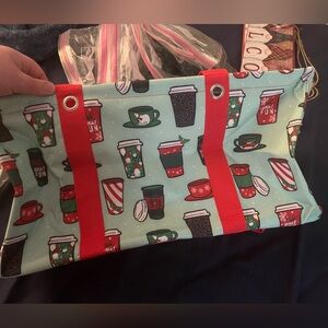 2 Festive Thirty One Coffee Cup Print Tote Bags with Red Straps